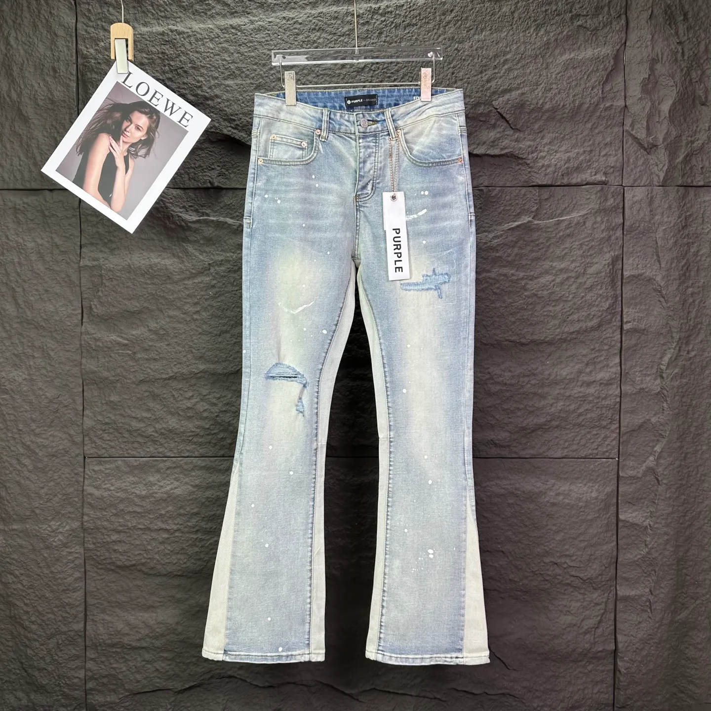 PURPLE BRAND 2026New Arrival Light Blue splash-ink hand-painted ripped and spliced ​​couple style bootcut loose jeans High version High version Top ceiling Quality Styles with different wash textures, very friendly to people with thin legs and thick legs. The bootcut and loose version is very flattering to the leg shape. Moderate length that never goes out of style, easy to match with casually, basic styling for various styles, a must-have in the wardrobe! The fabric is stiff but also makes the upper body soft without losing texture. The washing process is even more perfect. It is a must-have item for everyone! ! ! Washed wheat, hang tag, pants label, three labels complete Color: Light Blue Size: 28, 30, 32, 34, 36 (five sizes)